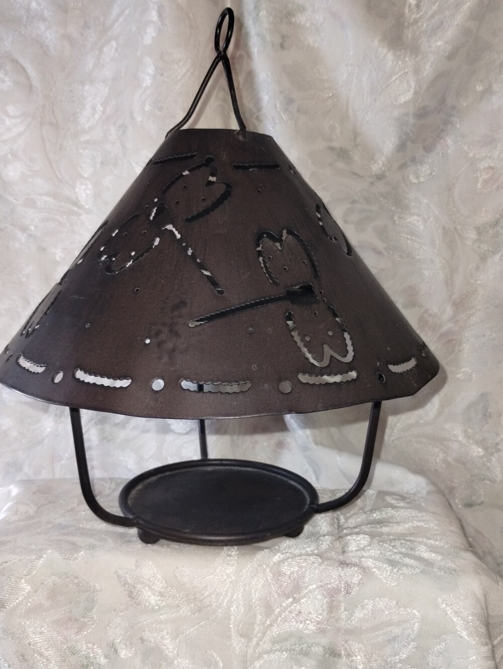 Rustic Brown Metal Hanging Candle Lantern - Dragonflies / 10" X 12"